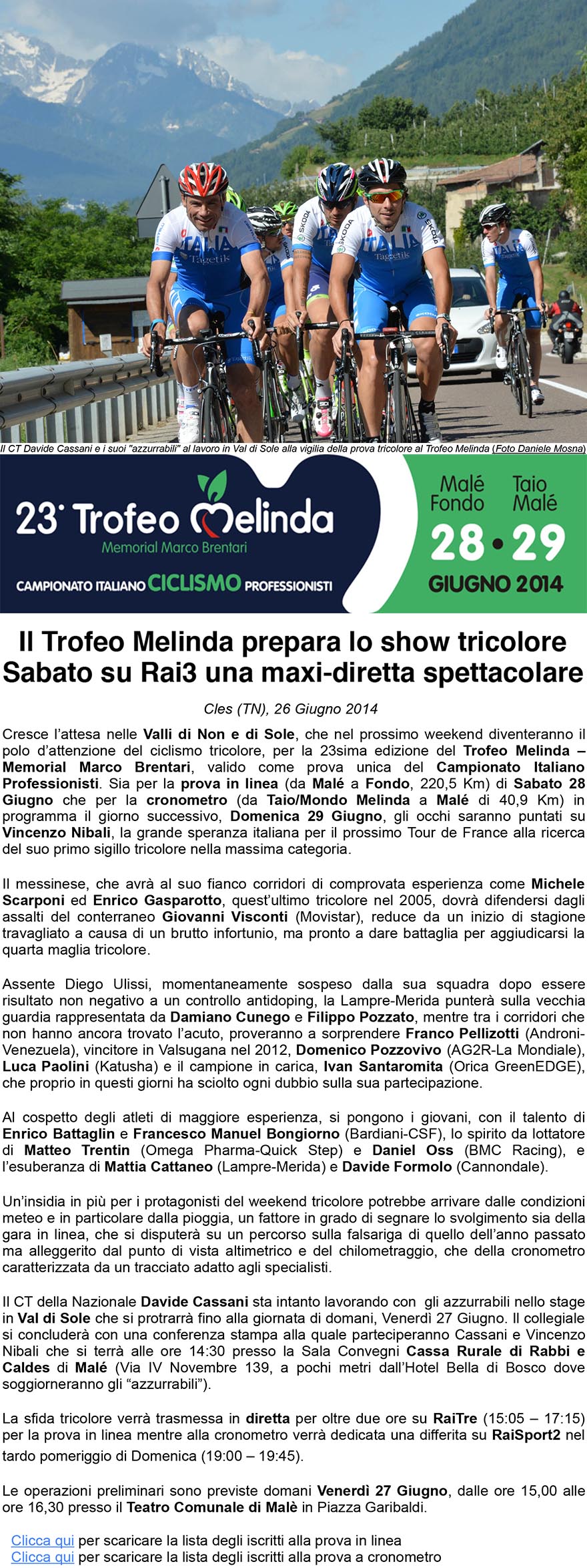 23 Trofeo MelindaMemorial Marco Brentari  Campionato Italiano Professionisti  Comunicato Stampa 26 Giugno